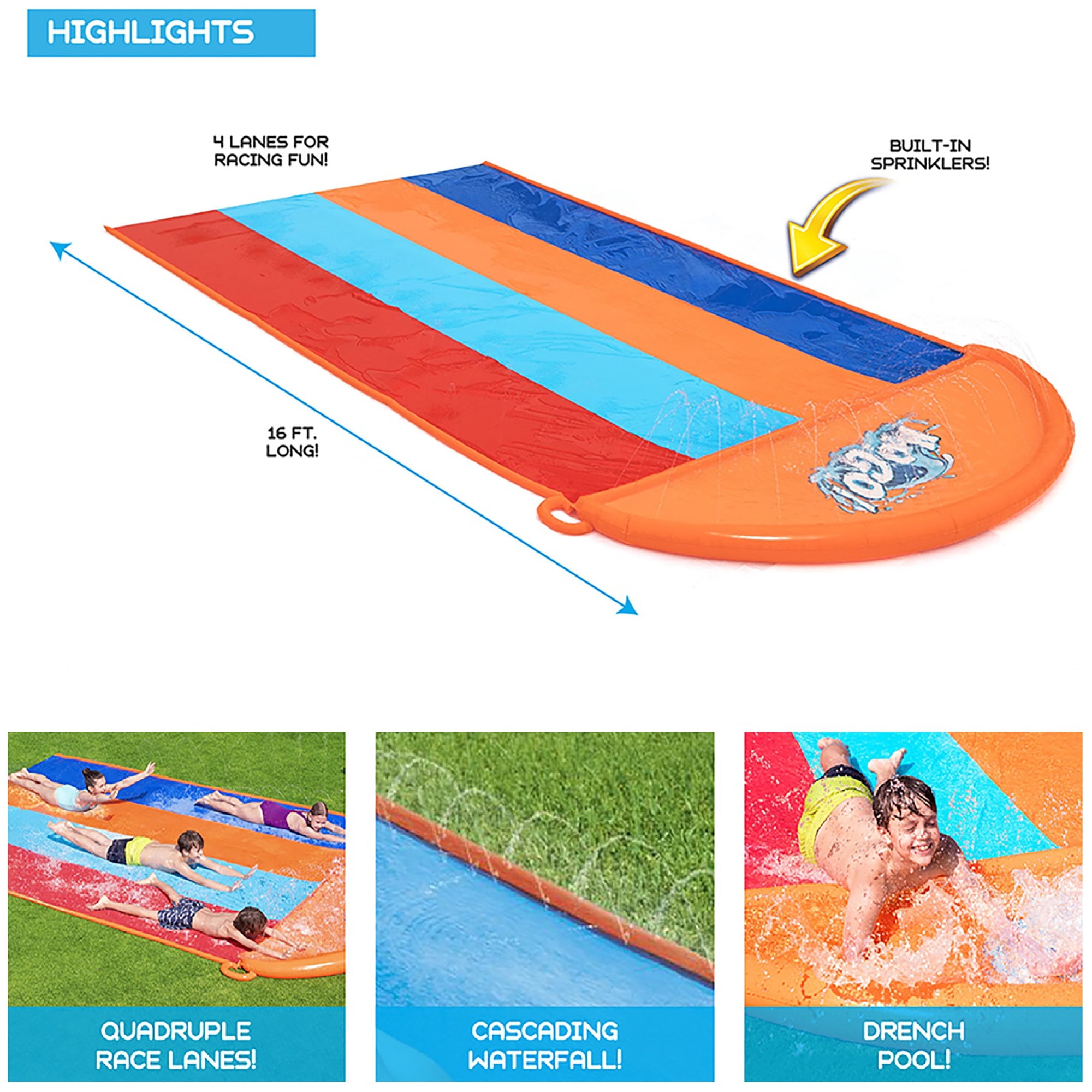 Bestway: H2OGO! 16' Quadruple Water Slide - Inflatable Lawn Sprinkler Slide, 4 Racing Lanes, Drench Pool Landing, Hose Setup, Outdoor Play, Kids 3+