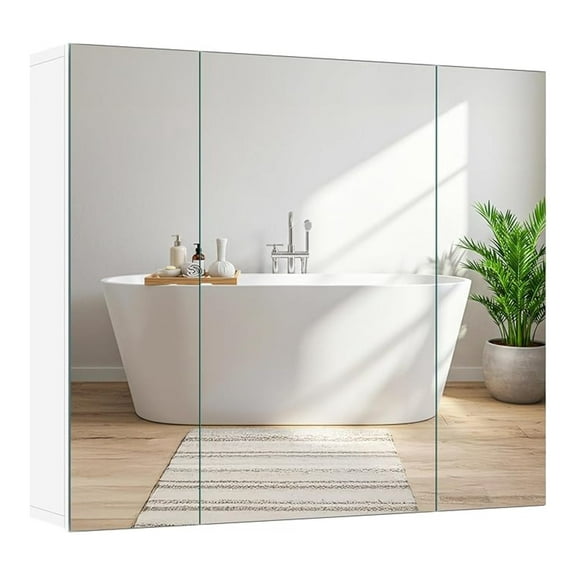 Bathroom Mirror Cabinet with 3 Doors, Wall Mounted Medicine Cabinet with Adjustable Shelf, Storage Cupboard for Living Room, Laundry Room, Mudroom, White