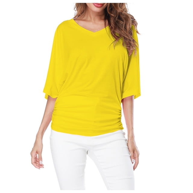 Plus Size Women's V Neck T Shirt: Batwing Sleeve, Loose Fit, Solid Color, Comfortable