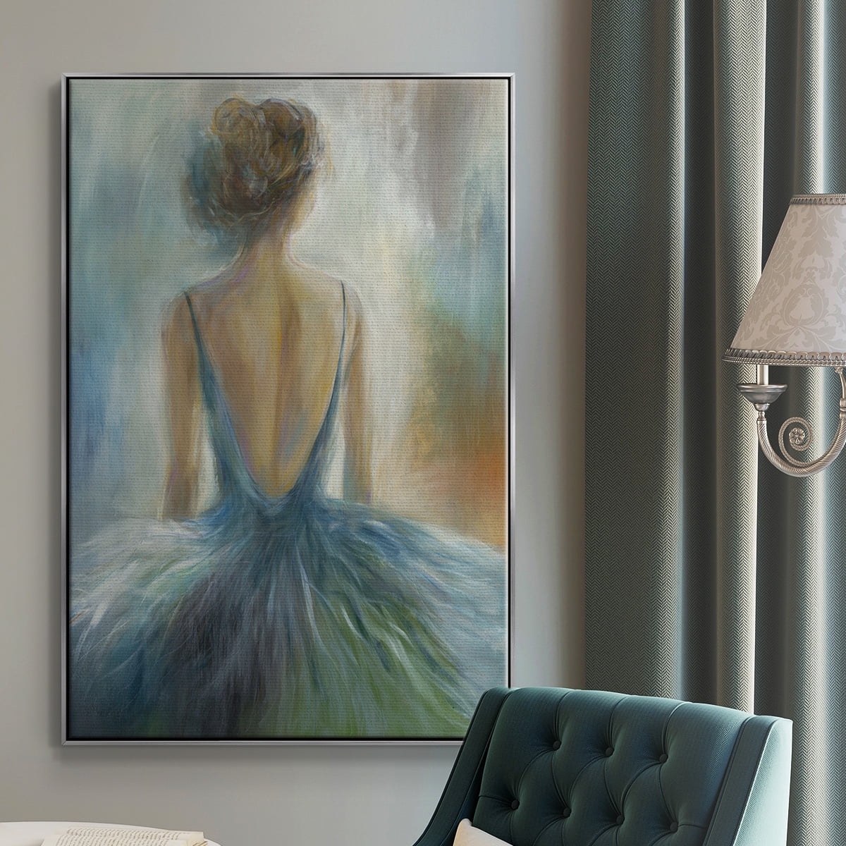 Lady in Blue Framed Premium Gallery Wrapped Canvas - Ready to Hang - 25 x 37 - Silver Floating Frame