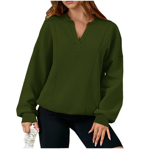 Fall Fashion Must Haves Womens Basic Essential Long Sleeve Solid Color V Neck Pullover Sweatshirt Tops Soft and Comfortable Women Fall Clothes