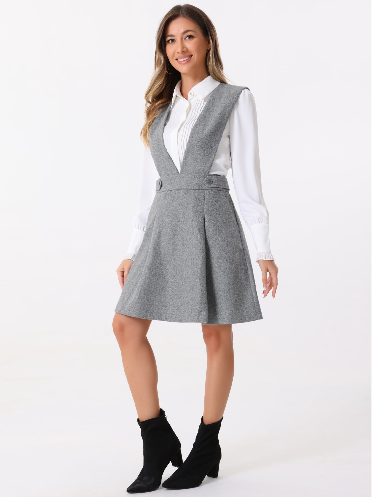 DARING DIVA Women's V Neck A Line Above Knee Pinafore Dress L Gray