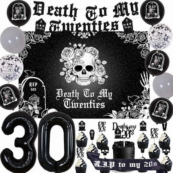 Black 30th Birthday Decorations for Him Her, Death to My Twenties Banner Cake Toppers Backdrop Rip to My 20s Birthday Number 30 Balloon for My Youth Funny Thirty Birthday Supplies