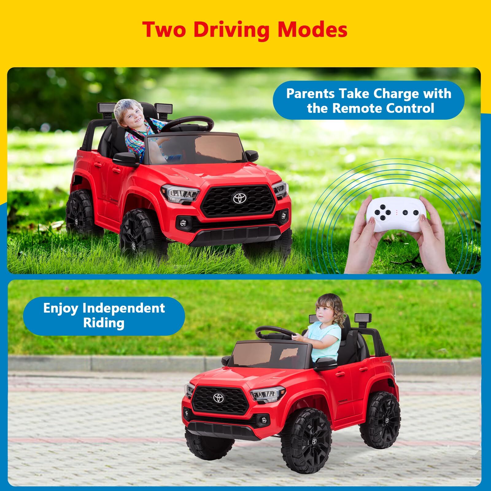 Sakiyr Licensed Toyota Tacoma 12V Kids Ride On Car, Kids Electric Vehicles with Parent Remote Control Spring Suspension Safety Belt, Soft Start, Led Headlight, Age for 37-72 Months