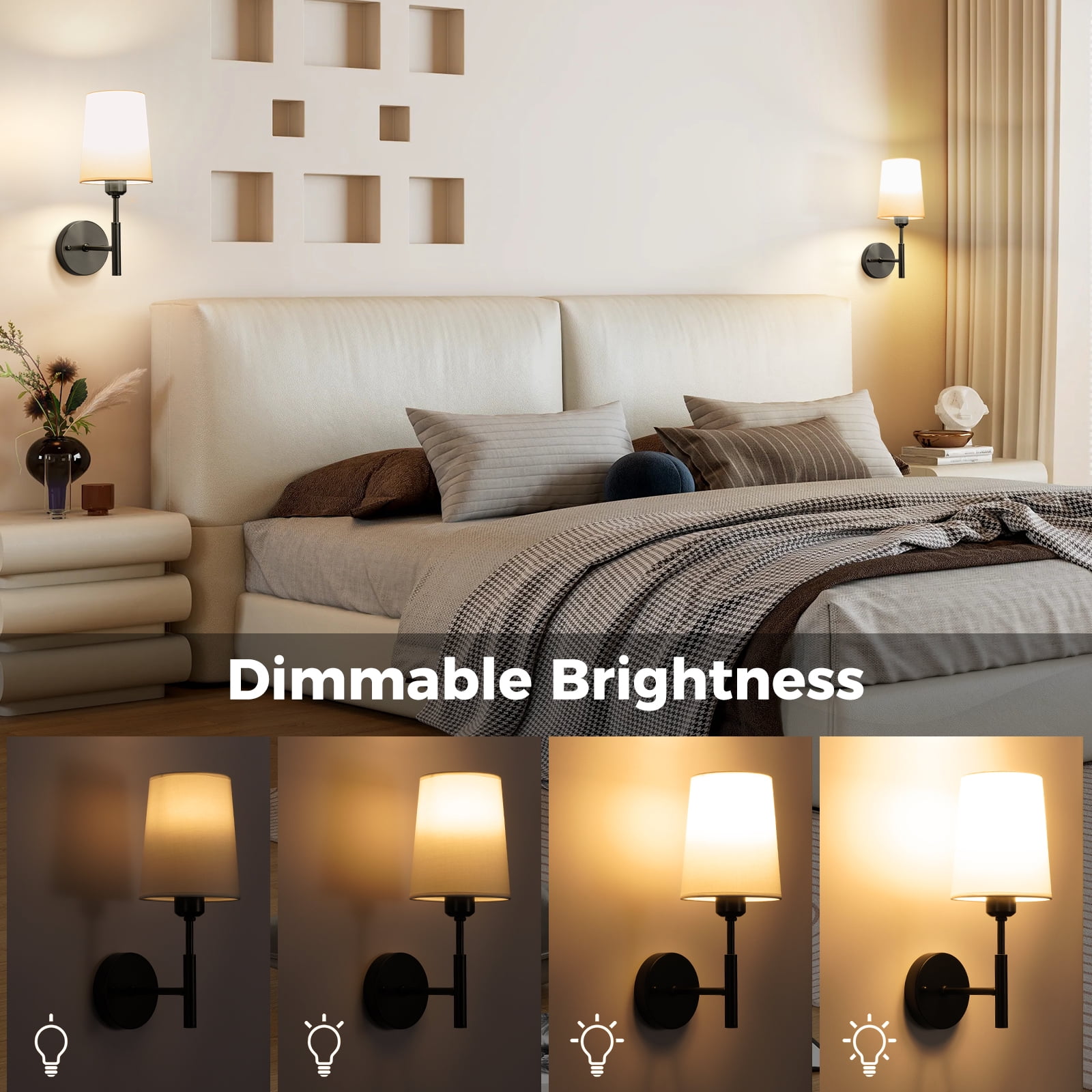 PatioGem Modern Dimmable 2-Light LED Black Bedroom Battery Powered Wall Sconces (2 Count)