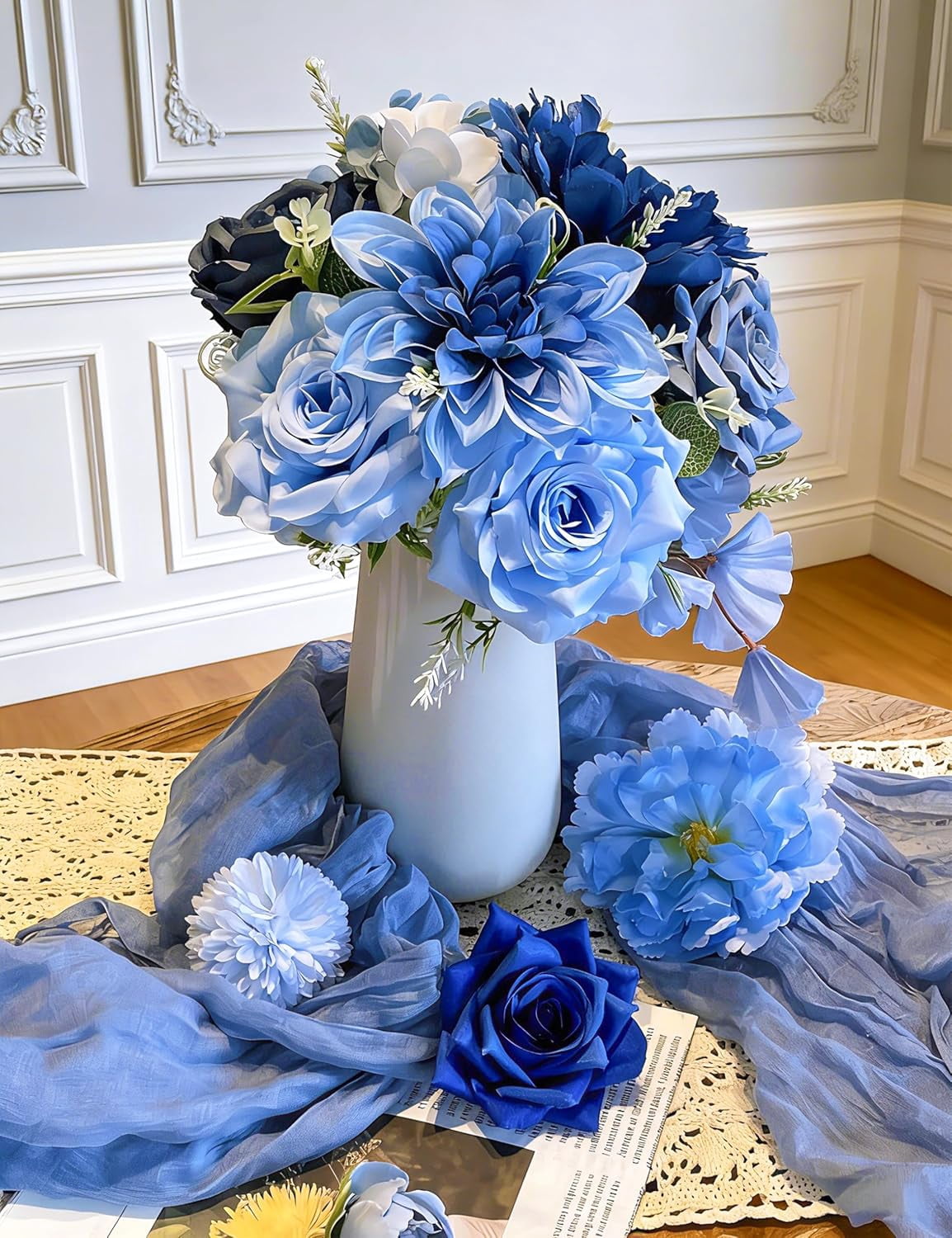 Artificial Flowers for Home Decorations: Blue Silk Fake Flowers Bulk Boxed Set, Peony Roses Bouquets with Stems for Table Centerpiece, DIY Wedding, Bridal Shower, Graduation Cap & Tea Party