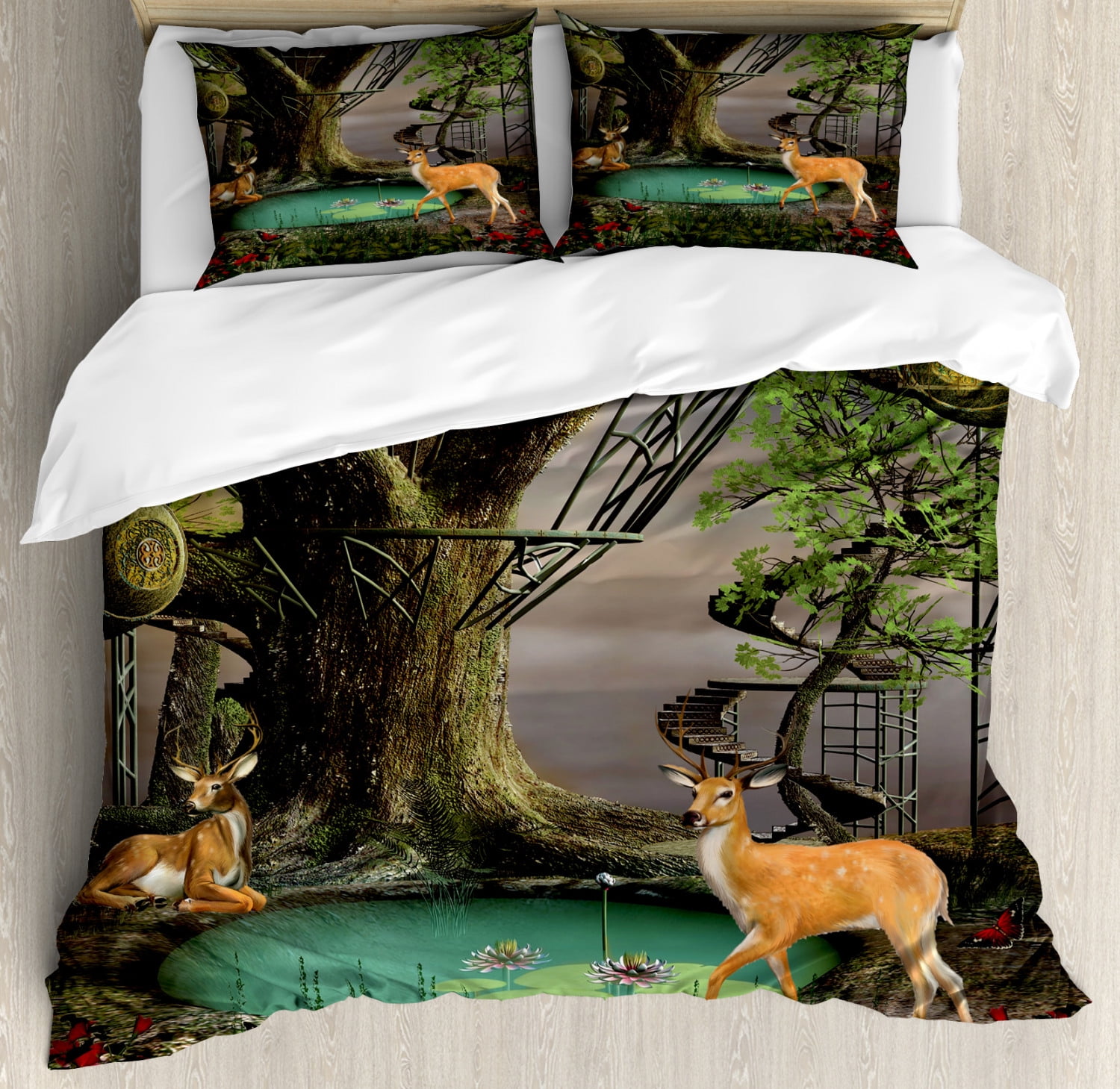 Deer Duvet Cover Set King Size, Fantasy Forest Pattern with Tree House and Animals in Computer Graphics Composition, Decorative 3 Piece Bedding Set with 2 Pillow Shams, Multicolor, by Ambesonne