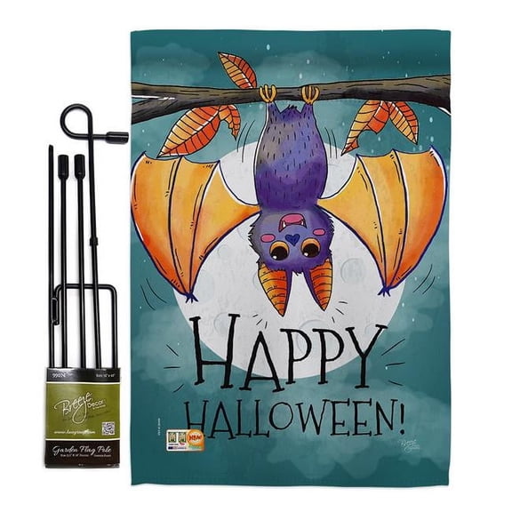 Breeze Decor BD-HO-GS-112076-IP-BO-D-US18-BD 13 x 18.5 in. Happy Halloween Bat Fall Vertical Double Sided Mini Garden Flag Set with Banner Pole