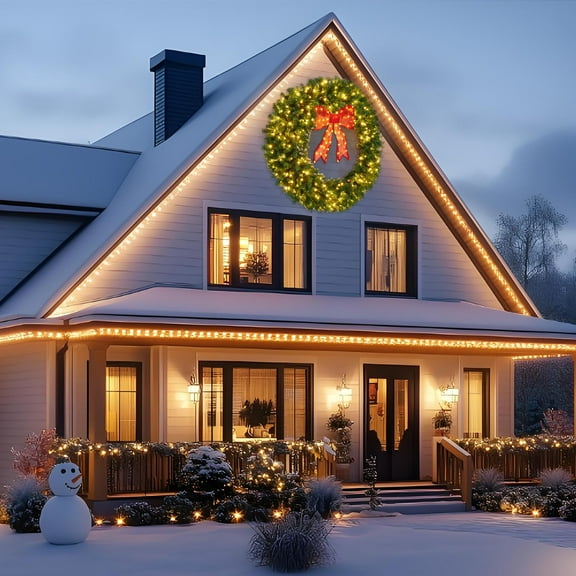 EcoSummer Artificial Christmas Wreath with Pre-Lit LED Lights & Bow, 24 Inch Winter Holiday Wreath for Front Door, Indoor & Outdoor Christmas Decorations