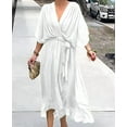thumbnail image 3 of Women Plus Size Maxi Dress Short Sleeve Wrap V Neck High Low Split Ruffle Long Dress White M, 3 of 4