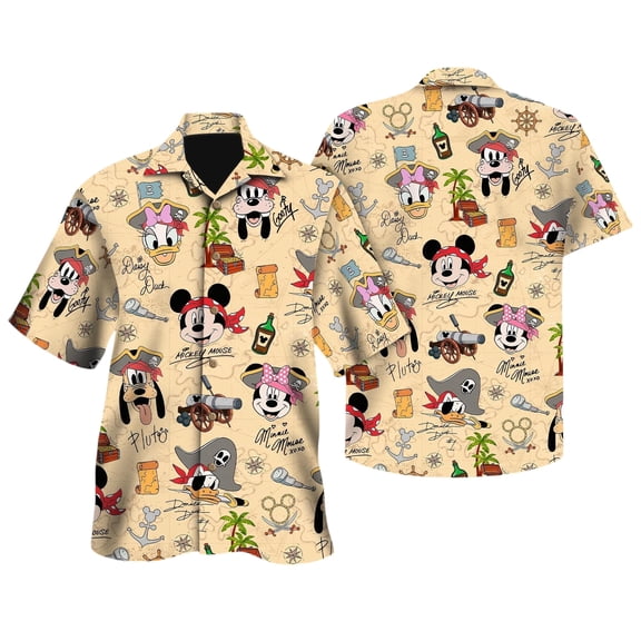 Disney Pirate Mickey & Friends Signature Hawaiian Shirt, Minnie Goofy Donald Daisy Pluto Hawaii Shirt, Pirate Disney Cruise Trip Button Tee