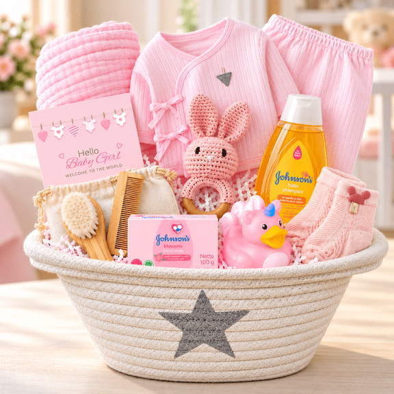 New Baby Girl Gift Basket for a New mom Pink Baby Gift Set. Welcome Baby Care Package All w/Newborn Essentials Bundle for Expecting Moms Baby Shower, After Labor (9 pc)