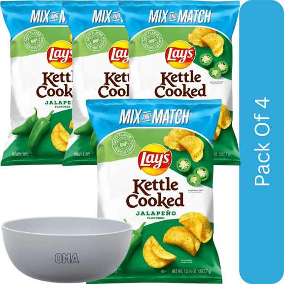 Lay’s Kettle Cooked Jalapeno Potato Chips, 13.5 oz-4pk, With Olive White Bowl By OMA