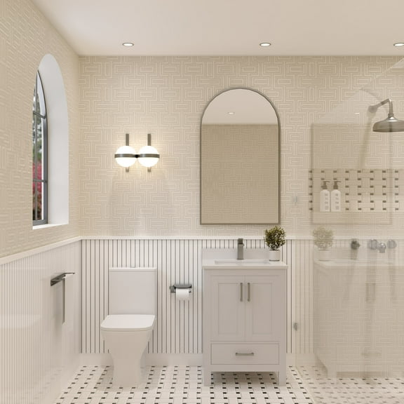 Ayna Decors Rooh 24 in White Bathroom Vanity Set with White Quartz Countertop and Brass Faucet | Pop-Up Drain and P-Trap Included | Brushed Nickel Hardware | AVR24WH3022