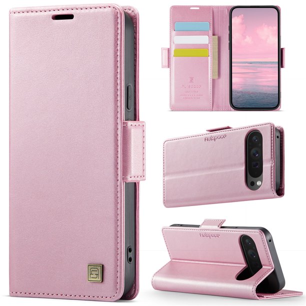 Autspace Funda para Teléfono for Google Pixel 9 con Billetera Magnética de 6,3 Pulgadas, Funda Protectora de Cuero con Función de Tarjetero, Funda con Tapa a Prueba de Golpes, Rosa, for Google Pixel 9