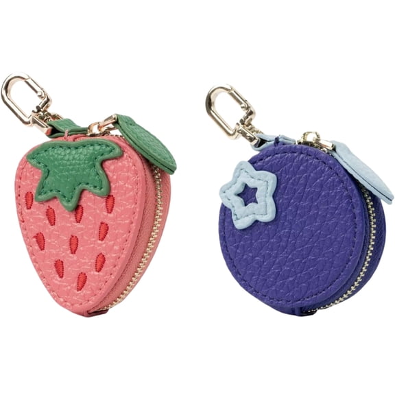 2 PCS Cute Fruit Coin Purse Bag Charm,Mini Leather Coin Change Purse & Pouch Holder Keychain Charm for Handbag Tote Wallet Airtag Accessories,Fruit Bag Charms for Girl Women(Strawberry Blue berry)