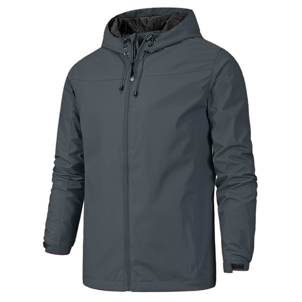 Sudadera con capucha para hombre Cortavientos Deportes Senderismo Ciclismo Forrado Al aire libre Cordón Cremallera Chaquetas Prendas de abrigo Gris oscuro L Unique Bargains Chaqueta