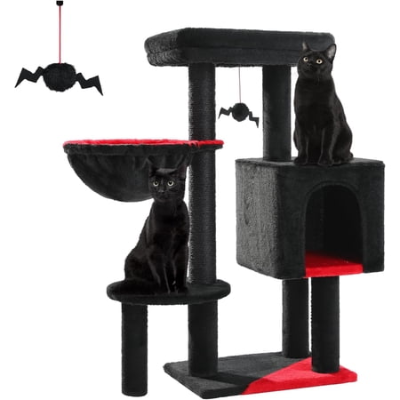 Gothic Cat Tree, 35.4" Black Cat Tower Cat Condo for Indoor Cats w/Large Coffin Cat Bed, Spooky Dangling Balls, Cat Scratching Post, and Comfy Hammock, for Small-Medium Cats, Halloween
