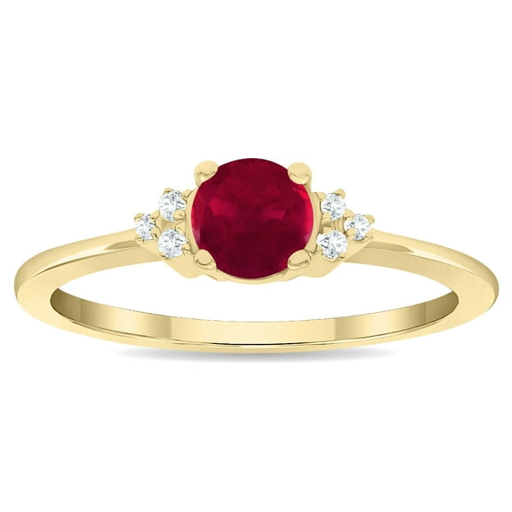 SZUL Women's Round Shaped Ruby and Diamond Half Moon Ring in 10K Yellow Gold
