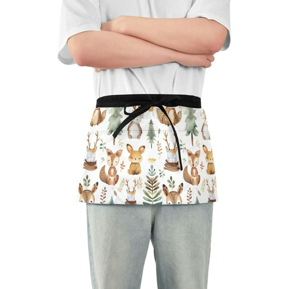 Fox Rabbit Deer Leaf Trees Server Apron with 3 Pockets Waterproof Waitress Waist Short Apron for Man Woman 12 Inches
