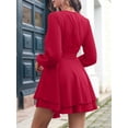 thumbnail image 2 of Women'S Short Dress Long Sleeve Deep V-Neck Waist Tie Ruffle Mini Swing - Dresses Wine Red XL, 2 of 8