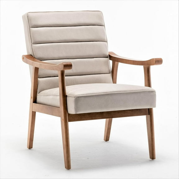 US Pride Furniture Unique Mid Century Modern Accent Chair with Open-Framed Armchair Design Plush Foam Leather-Look Microfiber Seat and Back Cushions Beige
