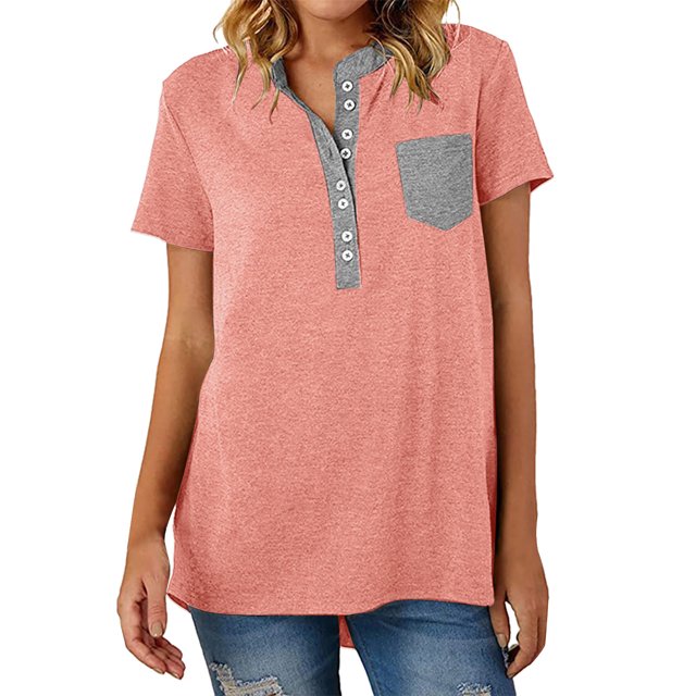 Gibobby Casual Playera de Manga Corta para Mujer Camiseta manga corta con bolsillo y cuello en V color liso para mujer(Rosa,XL)