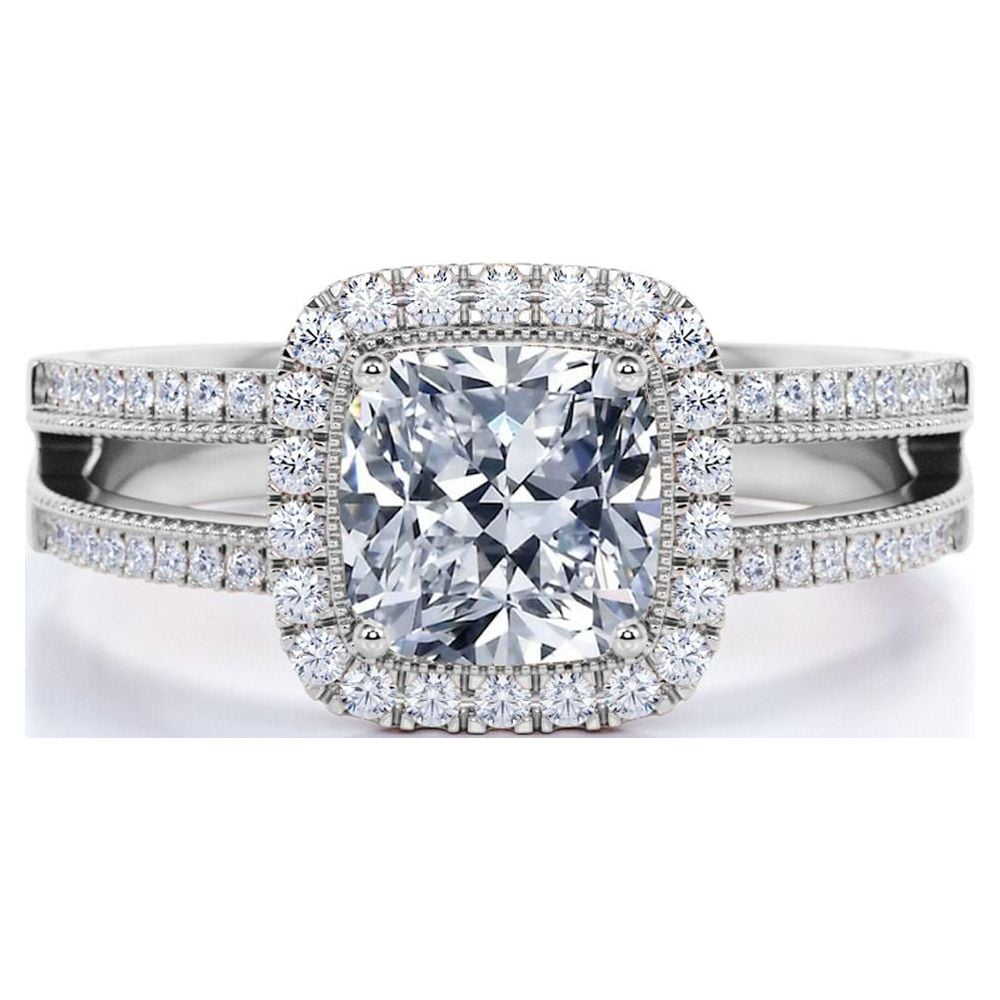JeenMata 0.63 ct Cushion Cut Lab Grown Diamond - Vintage Style - Engagement Ring - Split Shank - Halo Ring - 10K White Gold