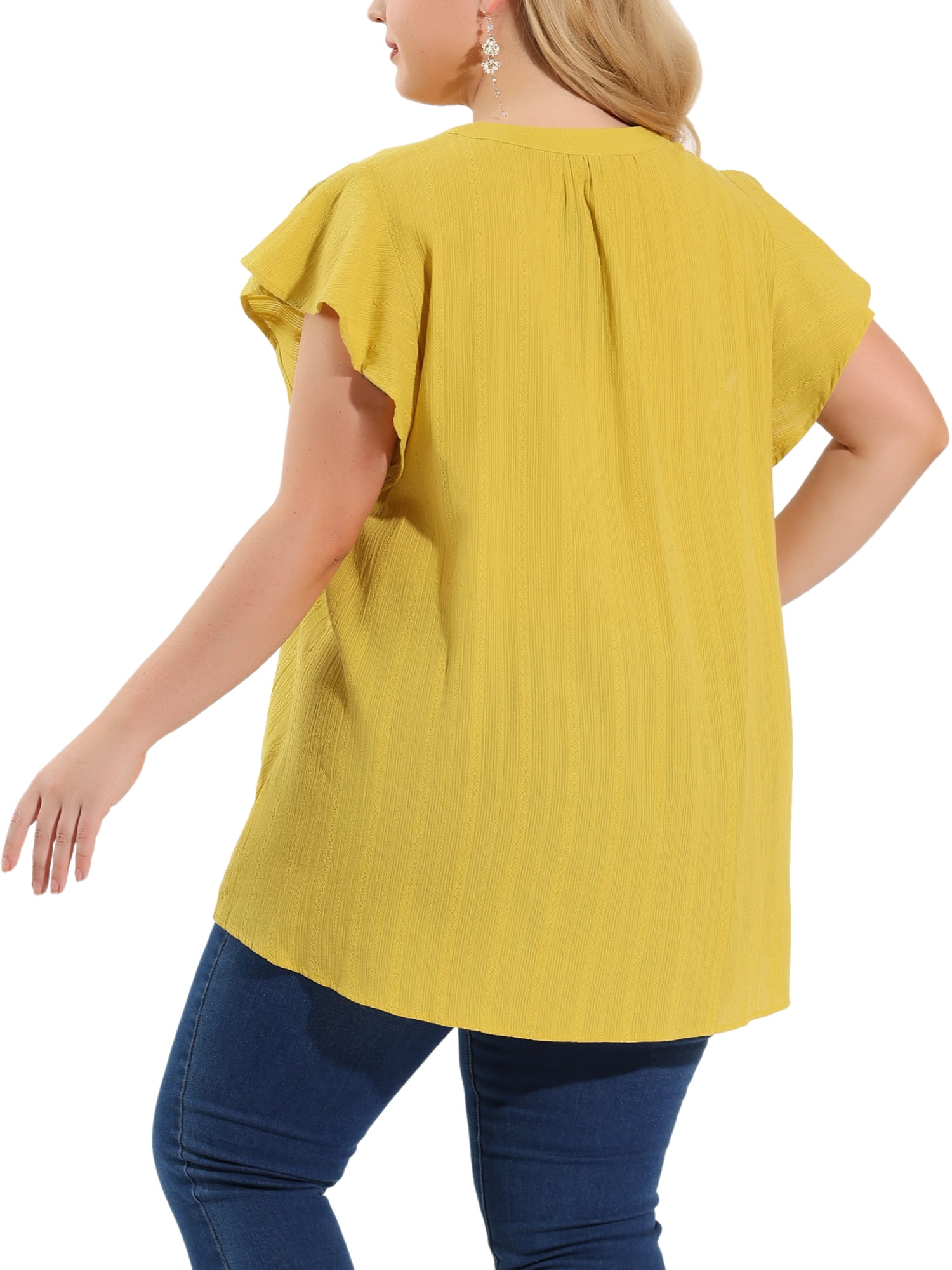 Unique Bargains Juniors' Plus Size Flutter Sleeve Drawstring Flowy Split V Neck Tunic Top Ginger 2X