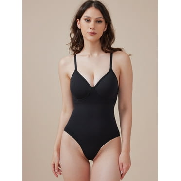 Kumayes Women's Seamless Backless V-Neck Shapewear Bodysuit with Tummy Control and Built-in Bra