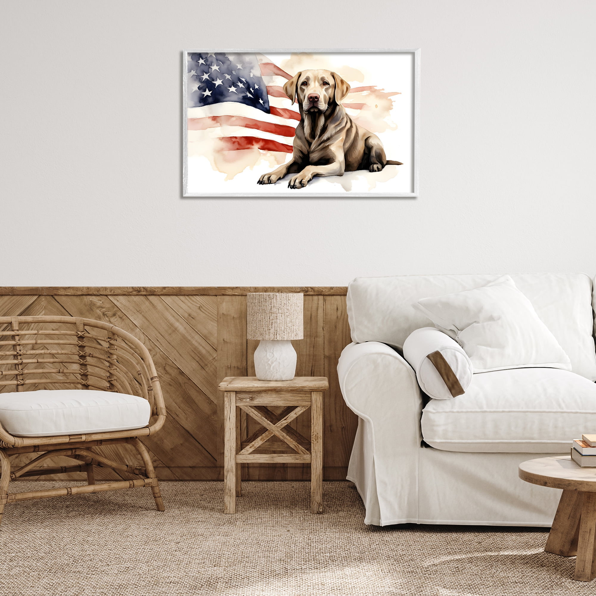 Stupell Industries Patriotic Dog with Flag Animals & Insects Painting White Framed Art Print Wall Art, 30 x 20