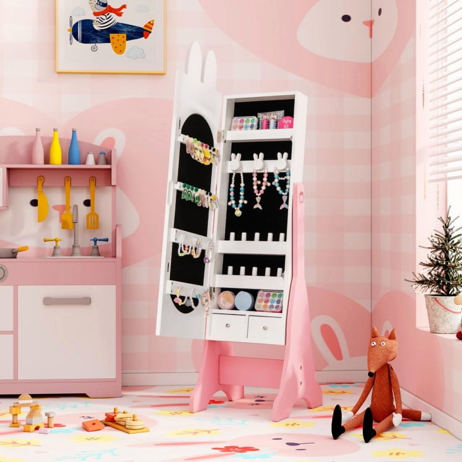 Barara King Kids Jewelry Armoire Cabinet with 2 Tilt Angles,Kids Vanity Dress Up Mirror Jewelry Cabinet with Large Capacity, Kids Jewelry Armoire Cabinet for Living Room, Bedroom, White