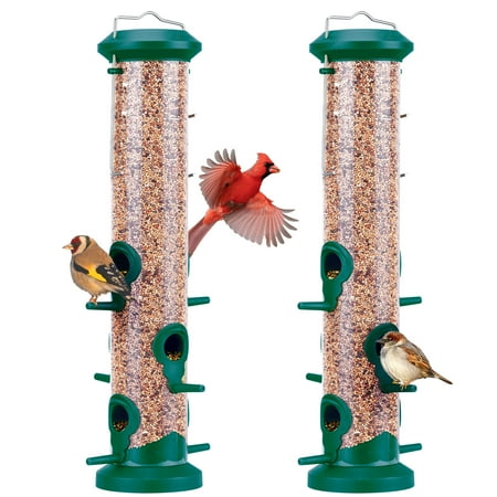Kingsyard 2 Pack Wild Bird Feeders for Outdoors Hanging, Plastic Tube Feeder, 6 Feeding Ports, Green