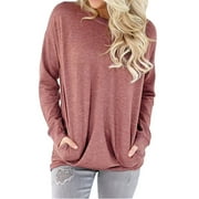 Women's Solid Color Front Pocket Long Sleeve Autumn Casual Top