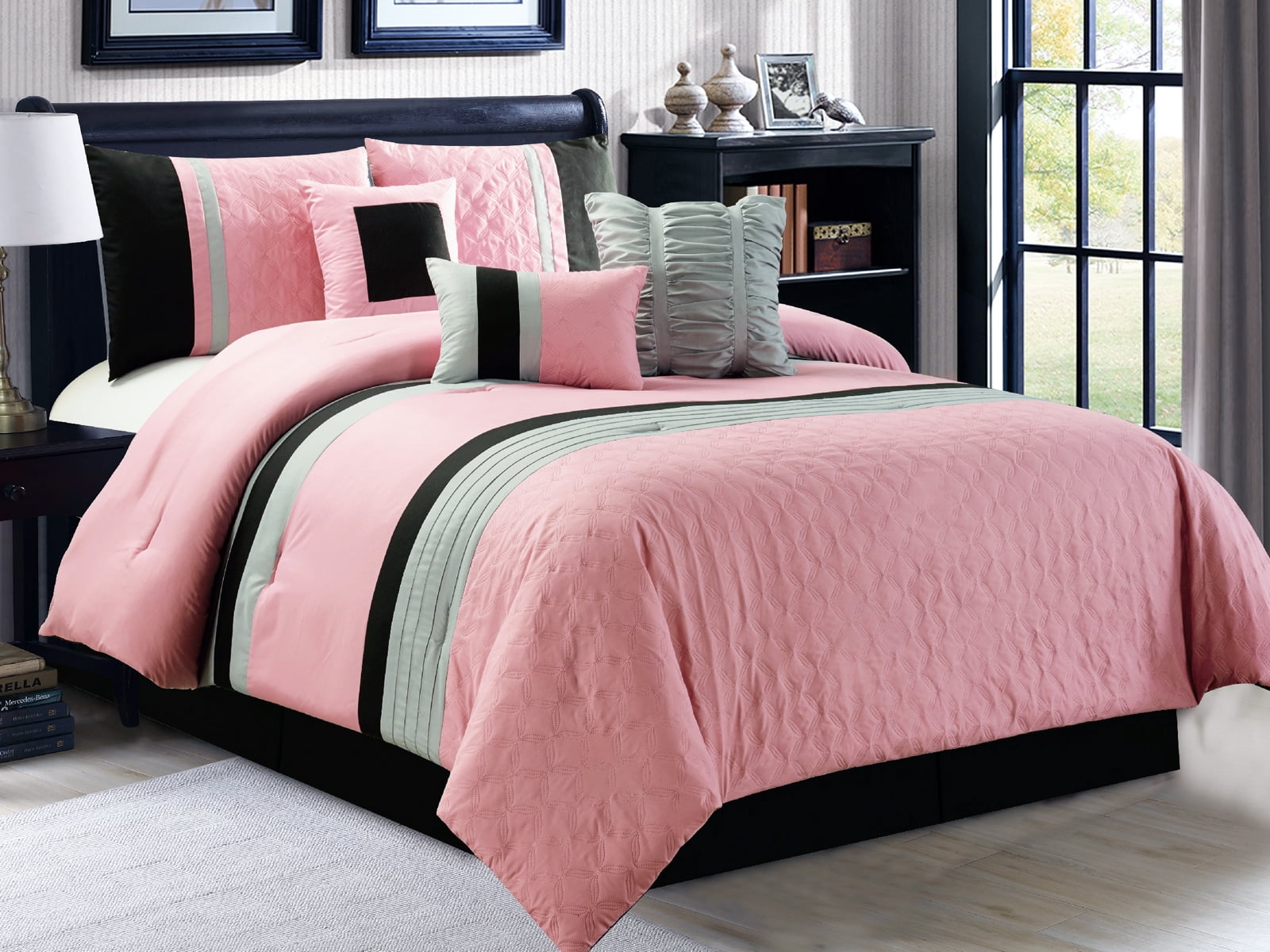 7 Pc Leaves Embossed Pleated Ruffled Striped Comforter Set Pink