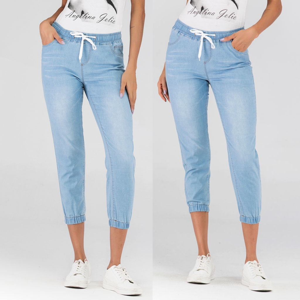 Smihono Women s Denim Jogger Pants Ladies Drawstring Elastic Waist Jeans Cropped Trouser Blue