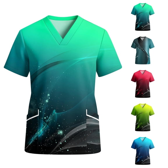 Galaxy Gradient Print Scrub Top for Women, V-Neck Short Sleeve Medical Uniform - Breathable Soft Work Shirt with Pockets Blue L