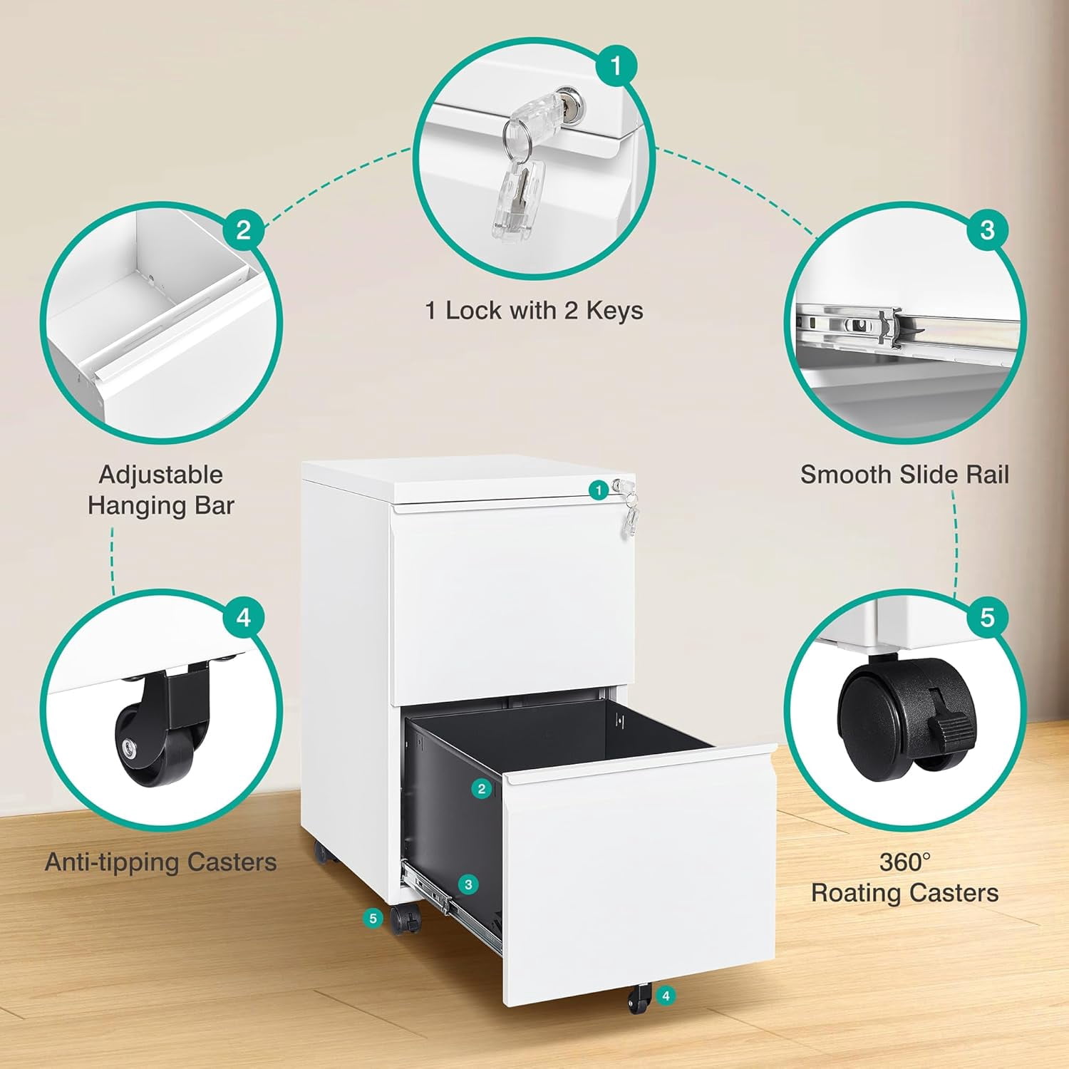 HZshop 2 Drawer File Cabinet with Lock and Wheels,White Rolling File Cabinets,Locking Mobile Metal Filing Cabinet for Home Office,Under Desk,Fit A4/Letter/Legal File, Easy Assembly