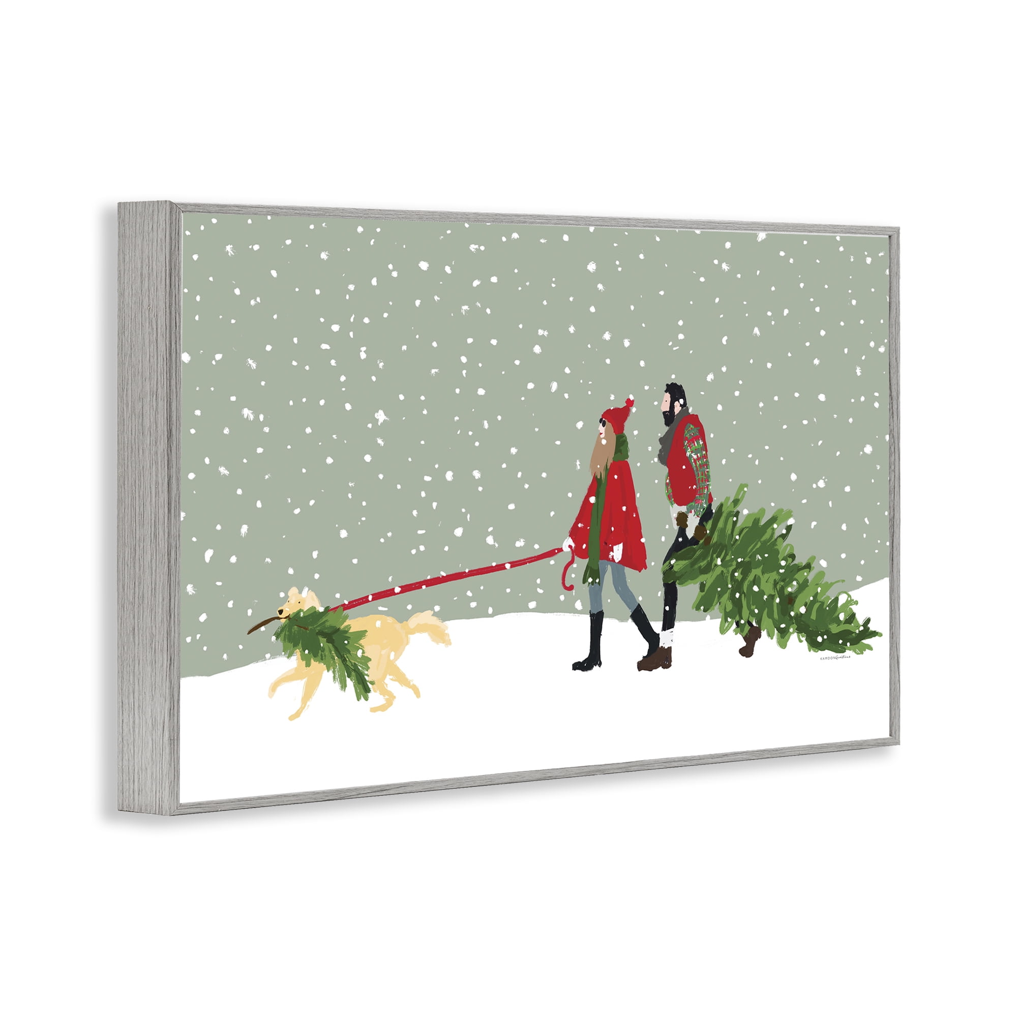 Stupell Industries Couple with Christmas Tree Holiday Painting Gray Framed Art Prints Wall Art, 30 x 20
