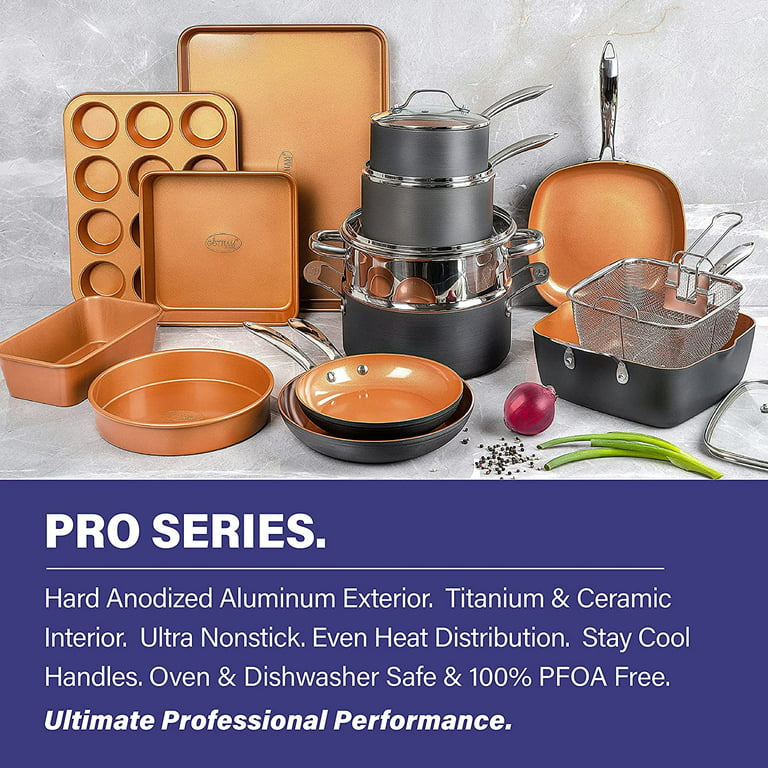 Gotham Steel Pro 20 Piece Pots & Pans Set  Hard Anodized Complete Cookware  Set + Bakeware Set, Ultra Nonstick Ceramic Copper Coating, Chef Grade  Quality, Metal Utensil Safe, Oven & Dishwasher