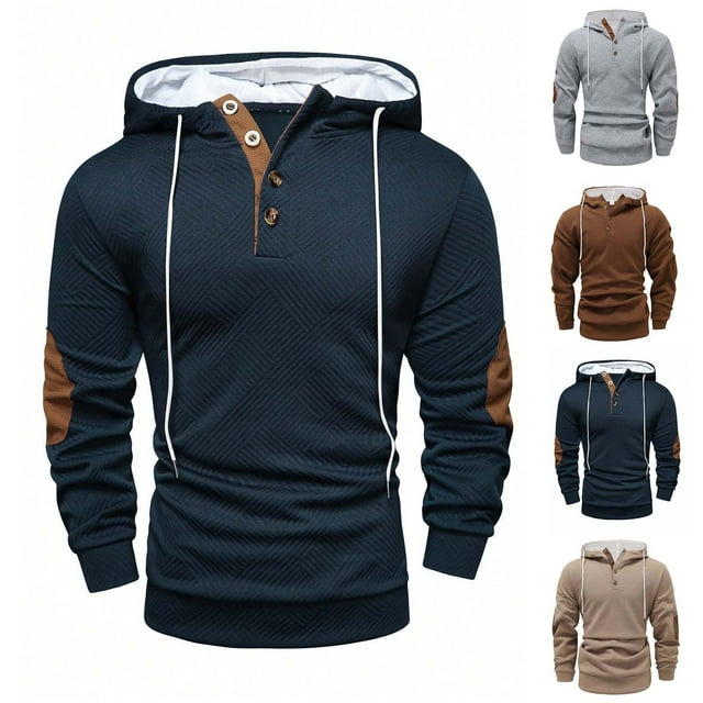 BiZtdJrK Mens Hoodies Quarter Button Up Pullover Long Sleeve Hooded Sweatshirts Fall Casual Textured Drawstring Hoodie, Navy, L