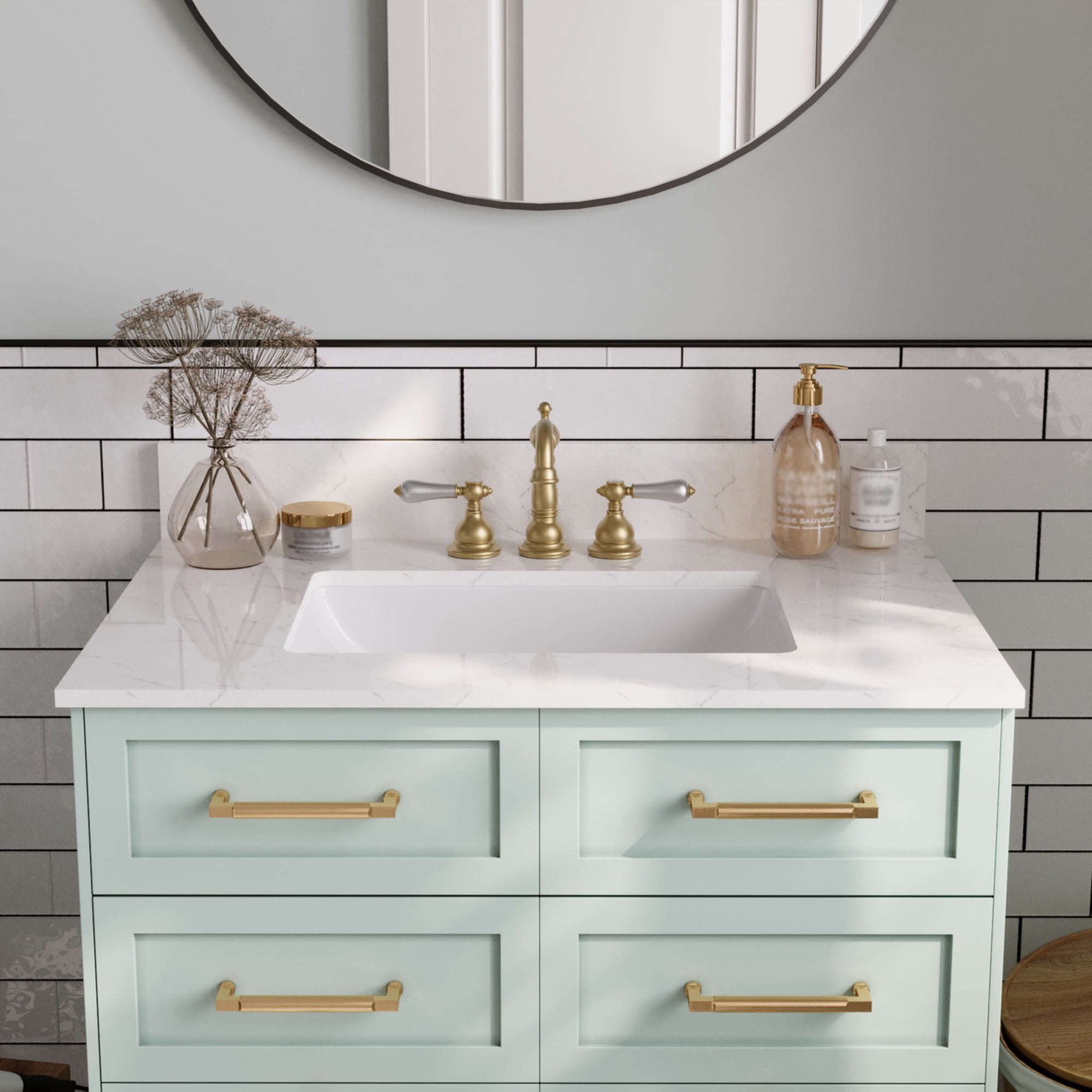 31.1"X22" Engineered Stone Single Bathroom Vanity Top with Ceramic Sink, Three Faucet Holes