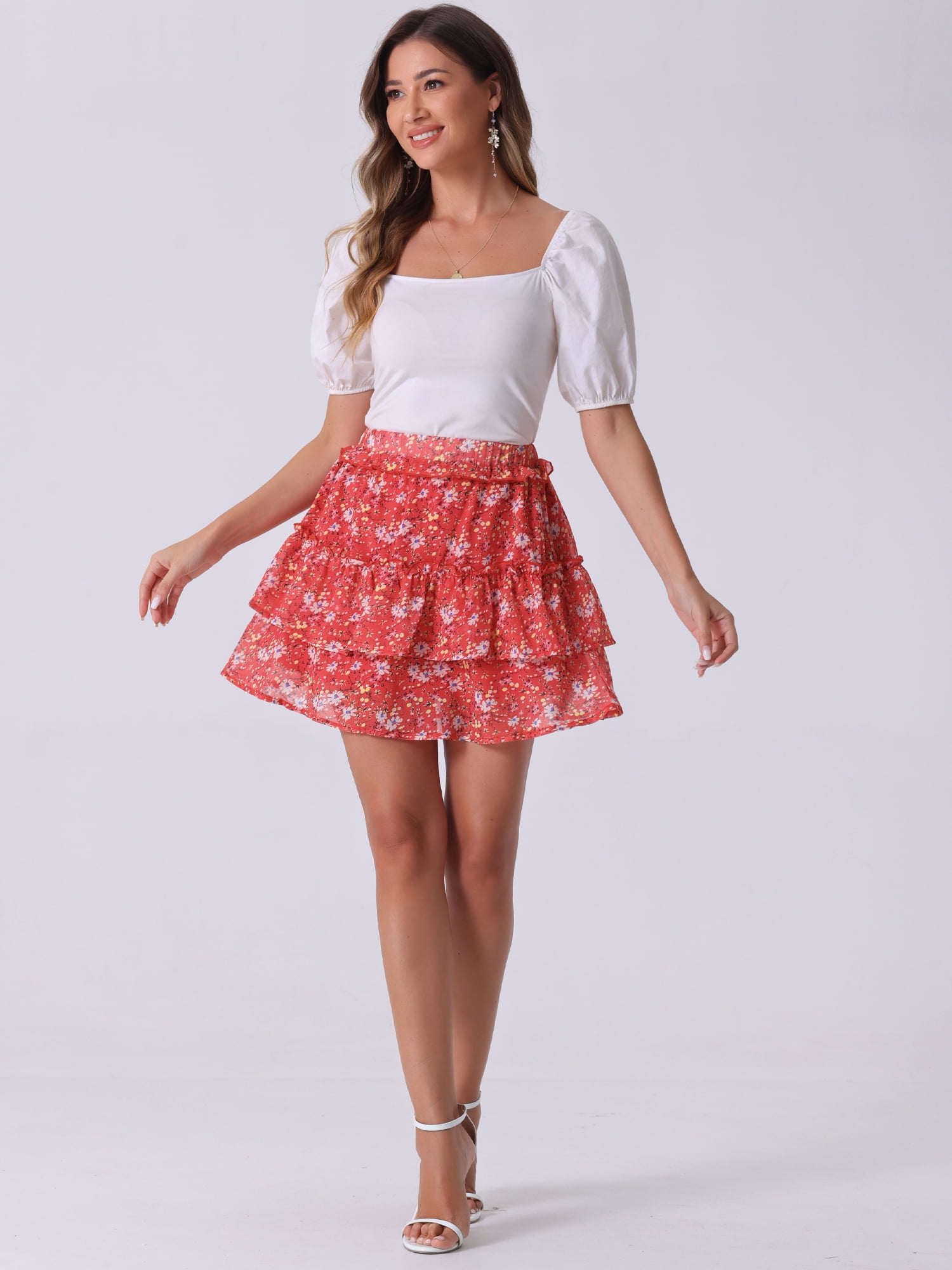 DARING DIVA Women's Elastic Waist A-Line Layered Ruffle Floral Mini Skirt S Red