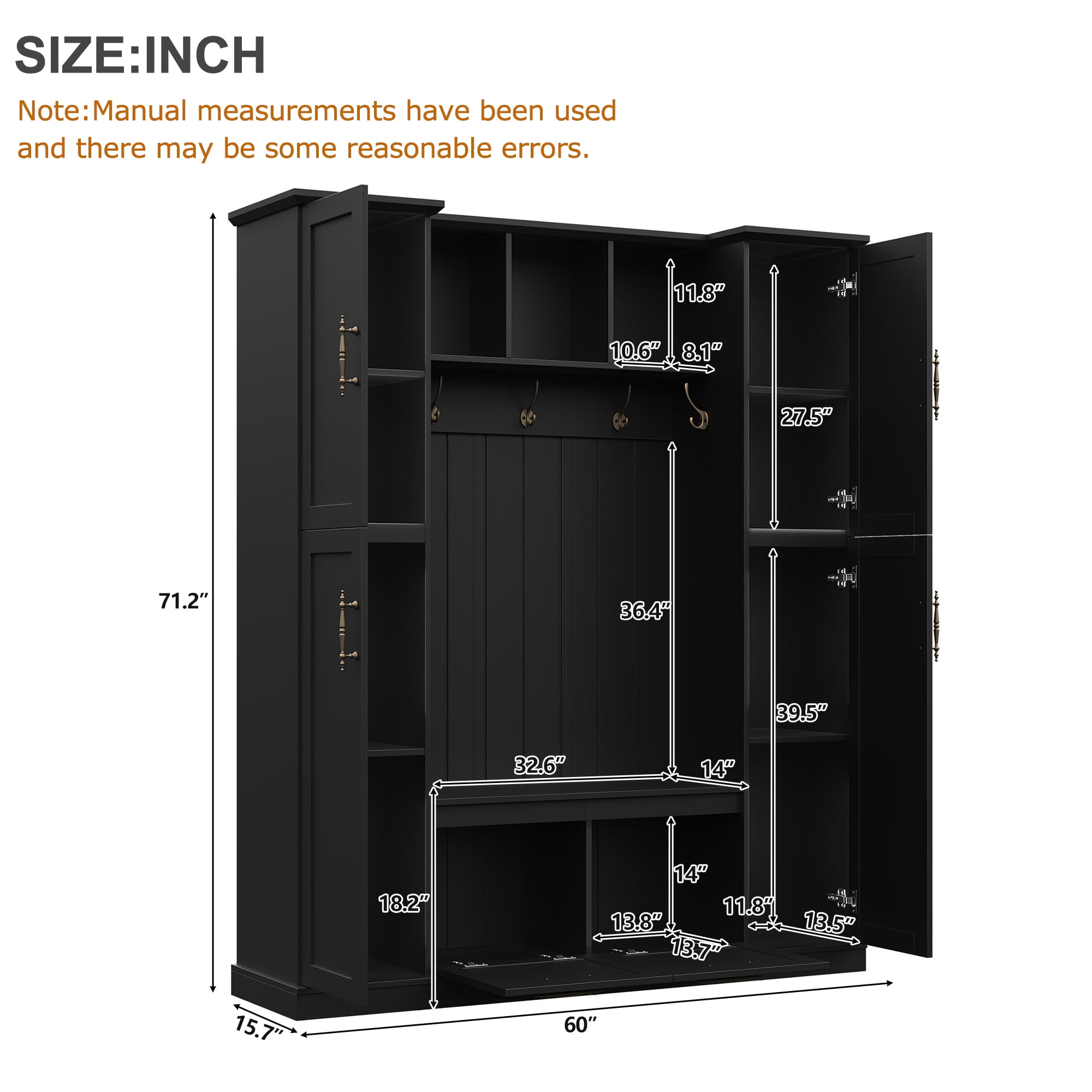 Aukfa 3-in-1 Large Hall Tree with Storage Bench, Mudroom Entryway Bench with 4 Side Cabinets & 5 Hooks,Black