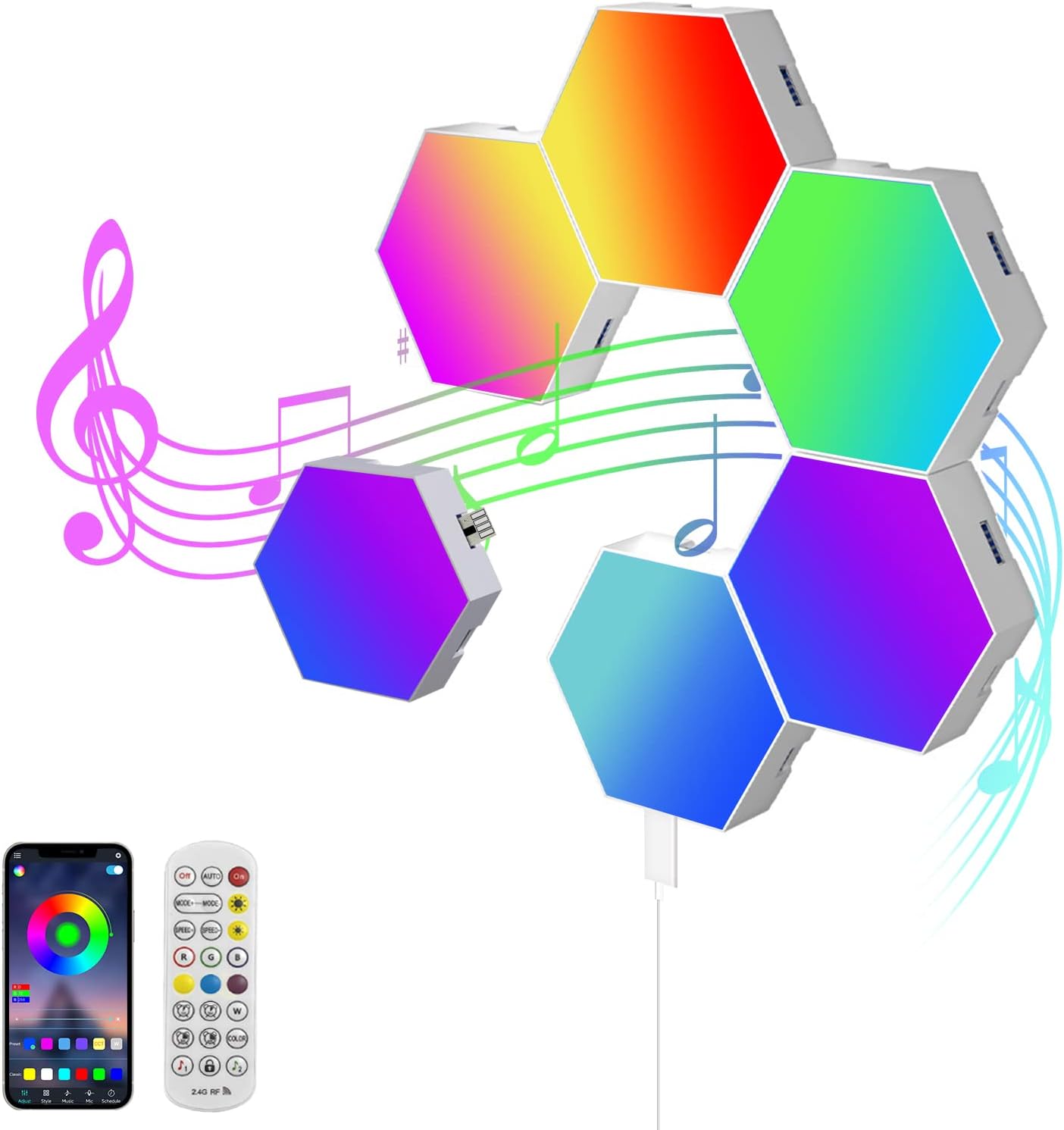 Kit 8 Lampes Murales LED Hexagonales RGB - Contrôle Par App Et Télécommande - Synchronisation Musique - Pour Gaming, Salon, Chambre