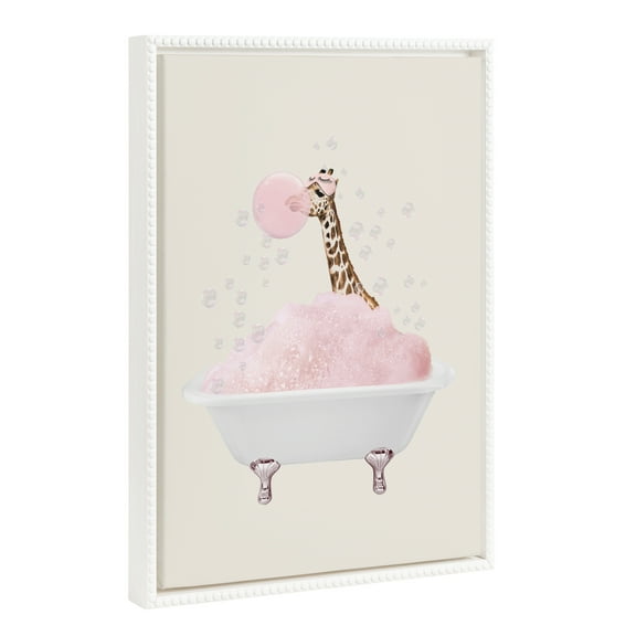 Kate and Laurel Sylvie Beaded Giraffe Taking a Bath Vintage Framed Canvas Wall Art by July Art Prints, 18x24 White, Zoo Animal Bath Wall Decor