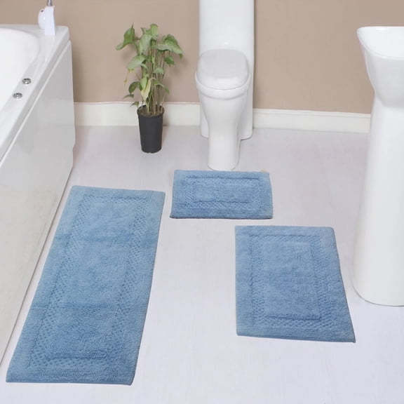 Home Weavers Classy Bathmat Collection 100% Cotton Non-Slip Bathroom Rug Set Machine Washable Bathroom Rug-17"x24", Bath Rug- 21"x34", Runner- 21"x54", Blue Color 3 Piece Bath Rug set