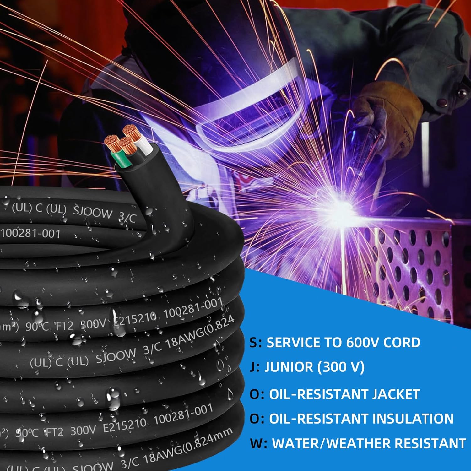 18/3 18 Gauge Wire SJOOW Wire 3 Conductor 18 Gauge Electric Portable Power Cable 300V 5A SJOOW Bulk Cable for Mini Split Air Conditioner HVAC/Heat Pump/Speaker Systems/Light/Trailer-50ft