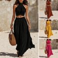 thumbnail image 2 of Quixlent Women's 2 Piece Outfits, High Neck Halter Sleeveless Top And Wide Leg Pants Matching Set, Summer Beach Vacation Outfits, 2 of 8