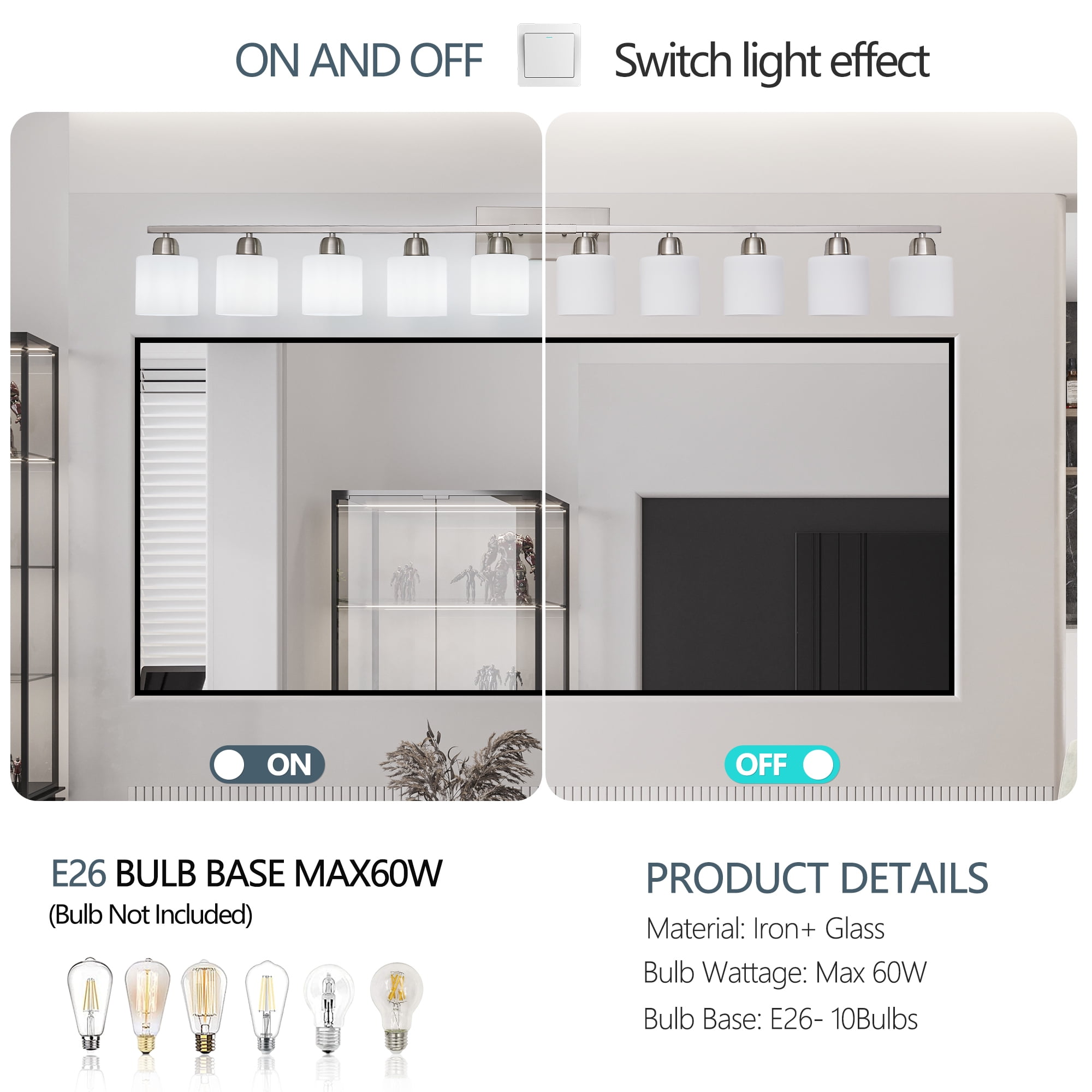Jopath 10-Light Bathroom Vanity Lights Over Mirror, 65" Nickel Vanity Lights Fixtures with White Glass Shades Modern Wall Sconce for Bathroom, Hallway, or Bedroom(Bulb Not Included)